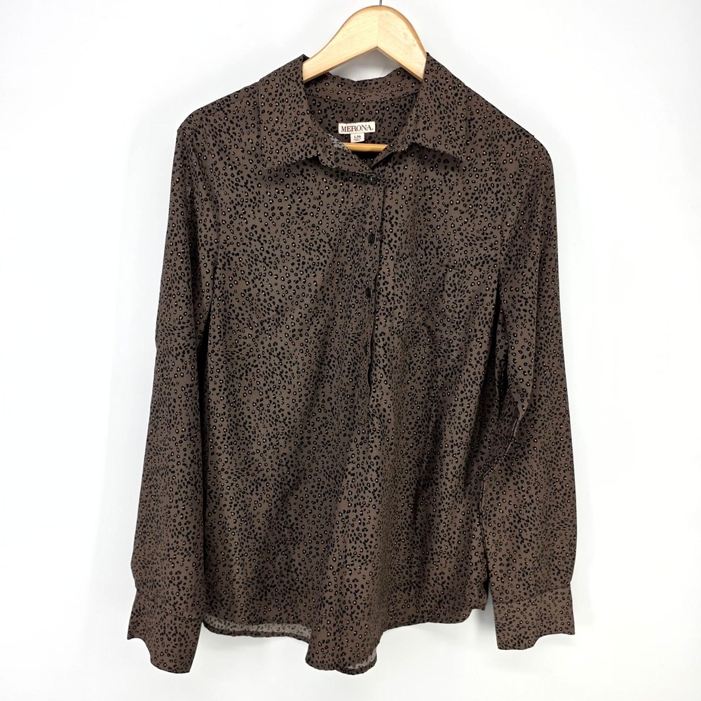 Merona Button Down Shirt Womens Large Brown Leopard Animal Print Long Sleeve Top